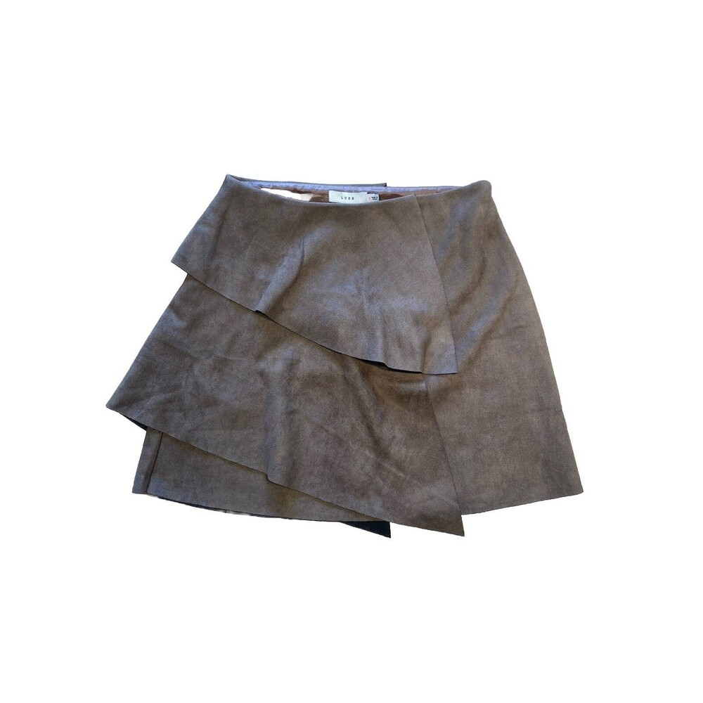 LUSH Mini Skirt, Brown Faux Suede 100% Polyester Tiered Zipper Soft Boho, Size S